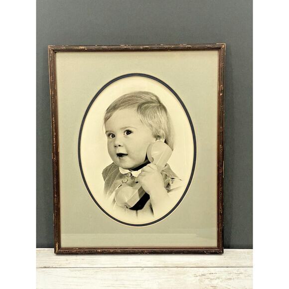 Antique Baby Telephone Photo | 1920s Black White Framed Photography Nursery Art - Picture 4 of 12